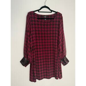 Alfani Maroon and Black Houndstooth Tunic Balloon Sleeves Faux Leather Cuffs 1X